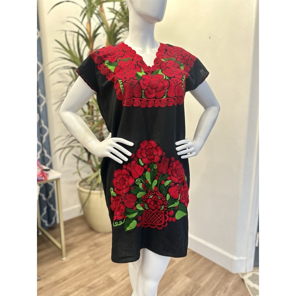 Black Midi Dress with Red Floral Embroidery